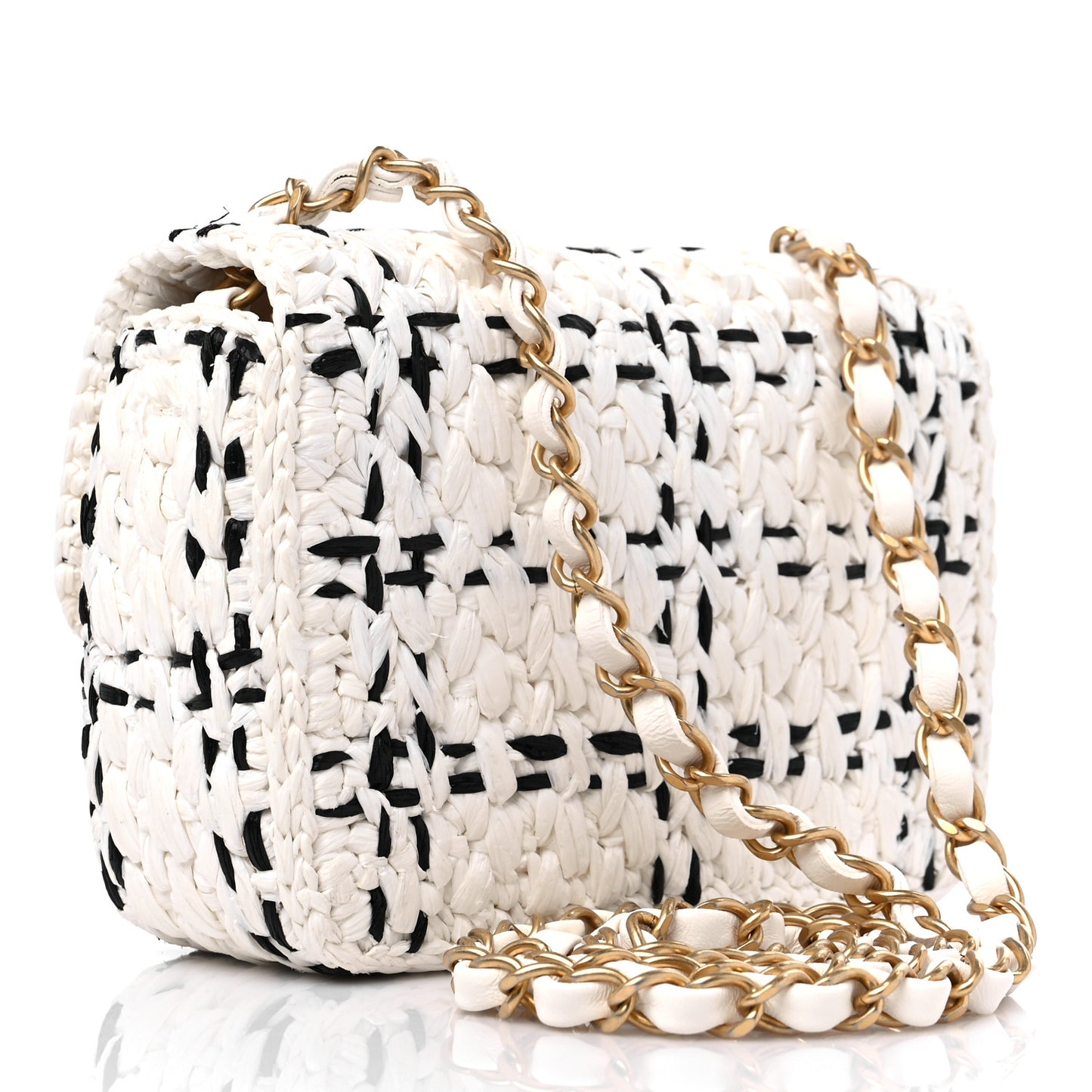 Raffia Effect Tweedy Mini Flap Bag White Black