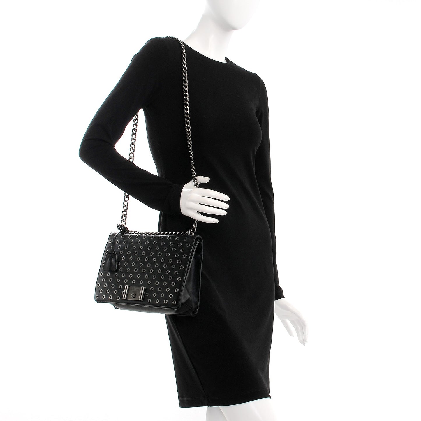 Soft Calf Grommet Lock Flap Chain Shoulder Bag Black