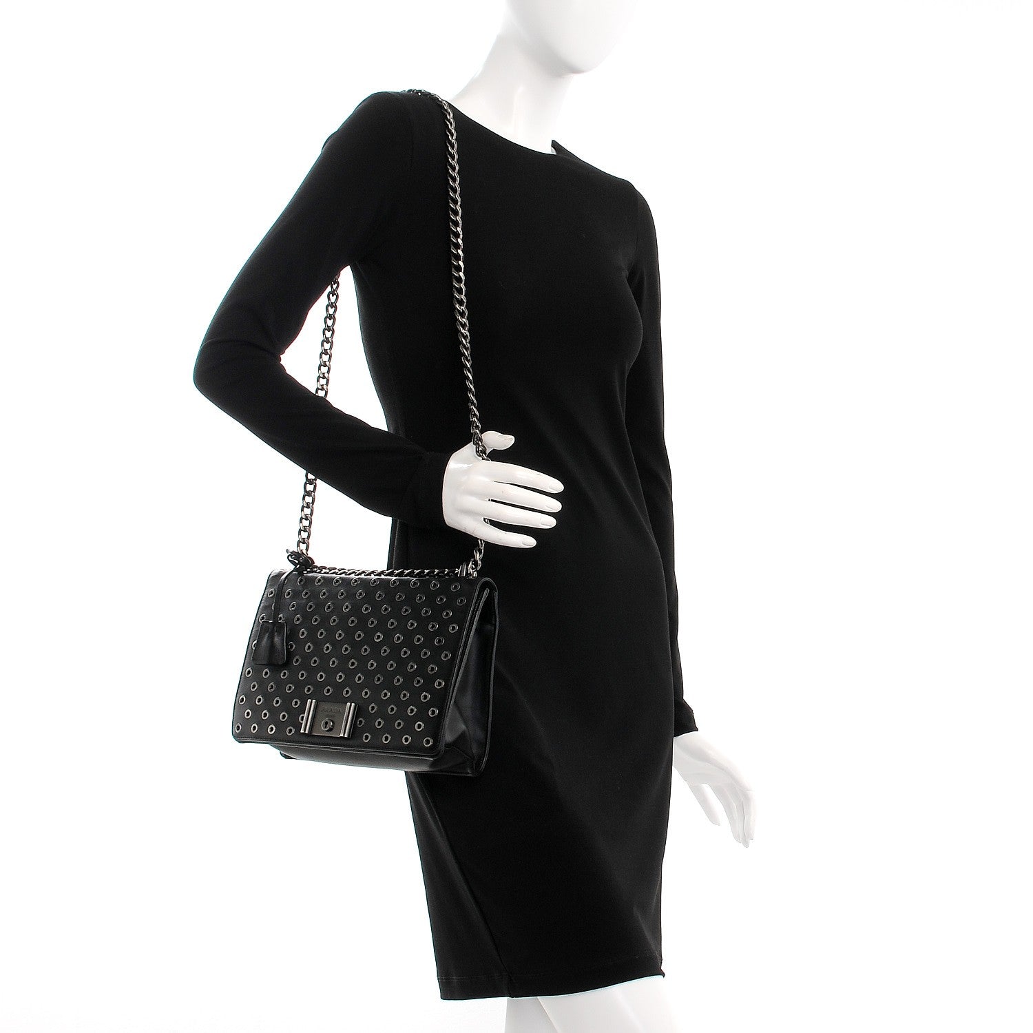 Prada Soft Calf Grommet Lock Flap Chain Shoulder Bag Black 2 of 8