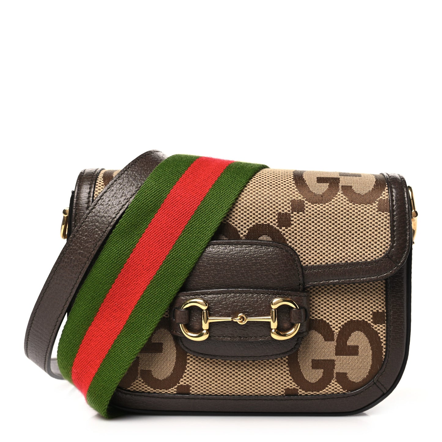 Monogram Jumbo GG Textured Dollar Calfskin Web Mini Horsebit 1955 Shoulder Bag Camel Ebony New Acero