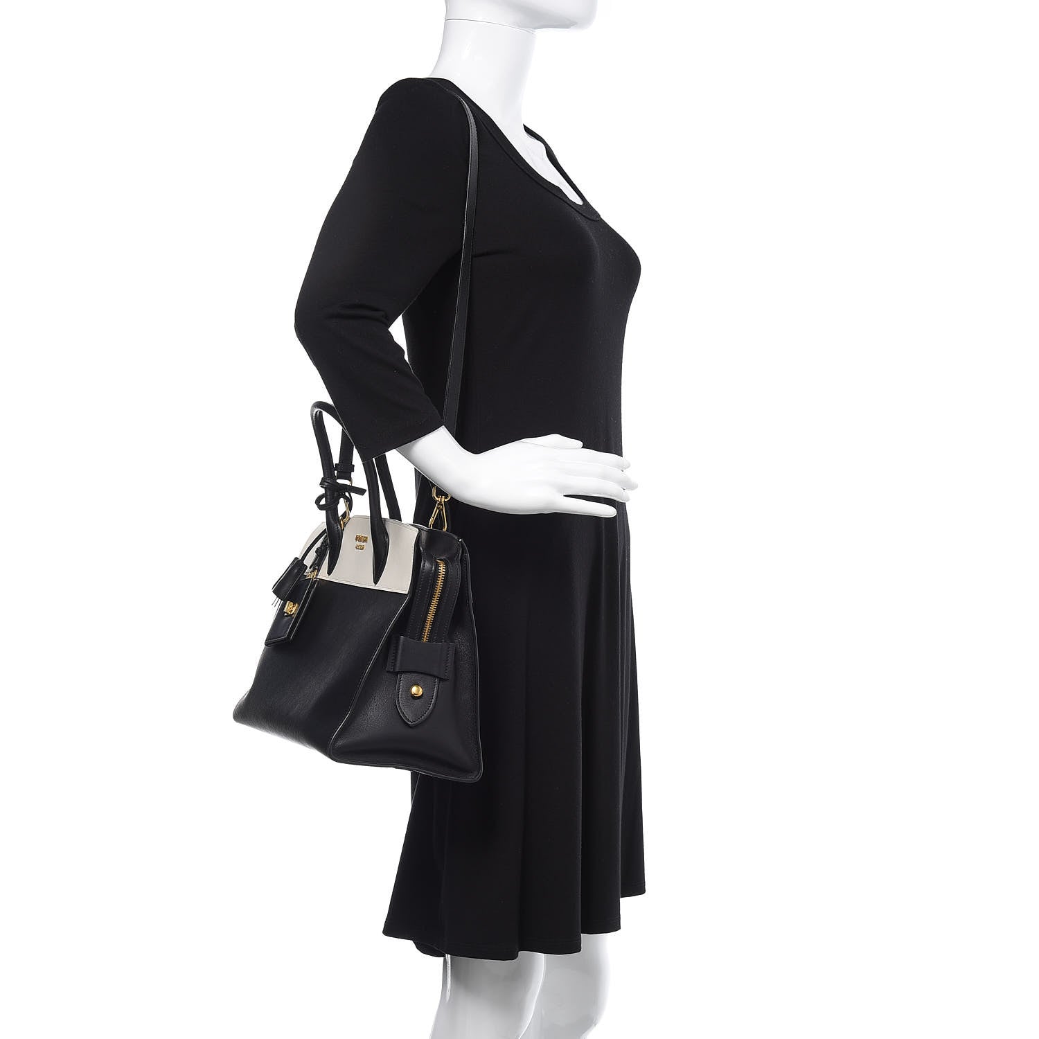 Prada Saffiano City Calf Medium Esplanade Tote Black White 2 of 11