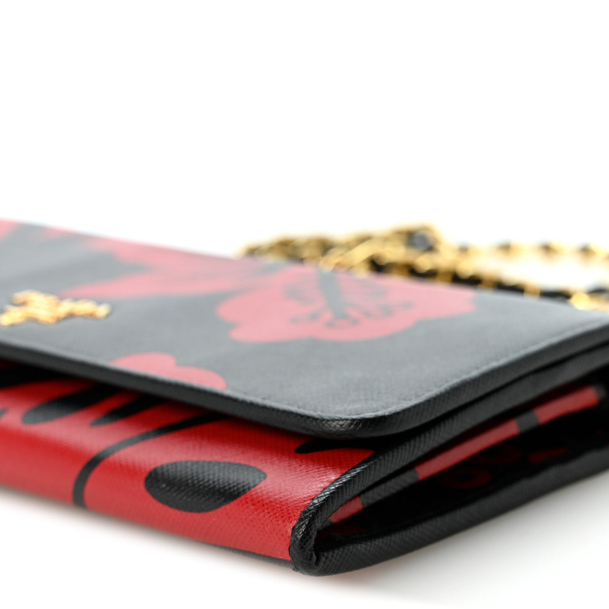 Prada Saffiano Hibiscus Print Oro Chain Wallet Rosso 9 of 9