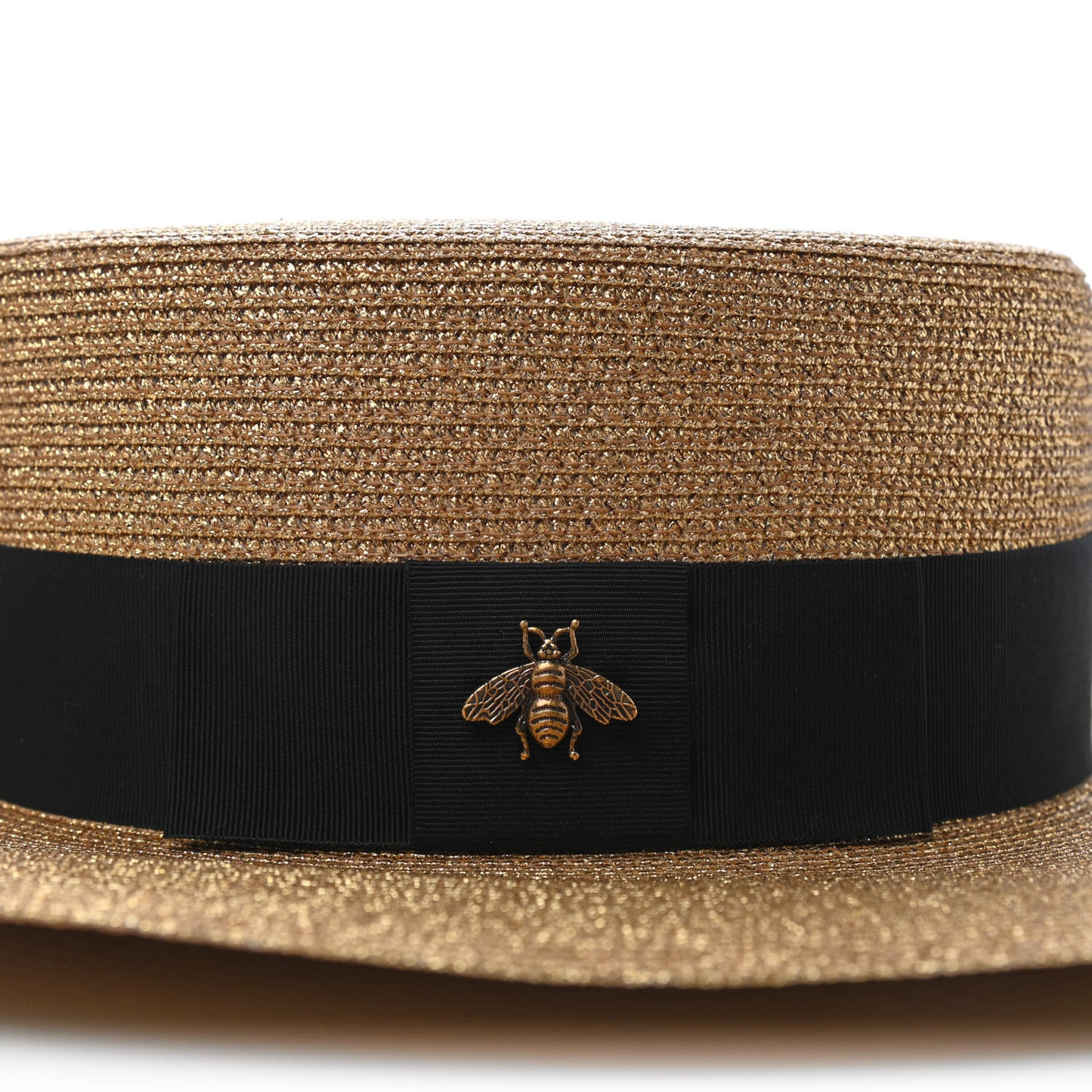 Glittered Straw Grosgrain Wide Brim Hat M Gold Black