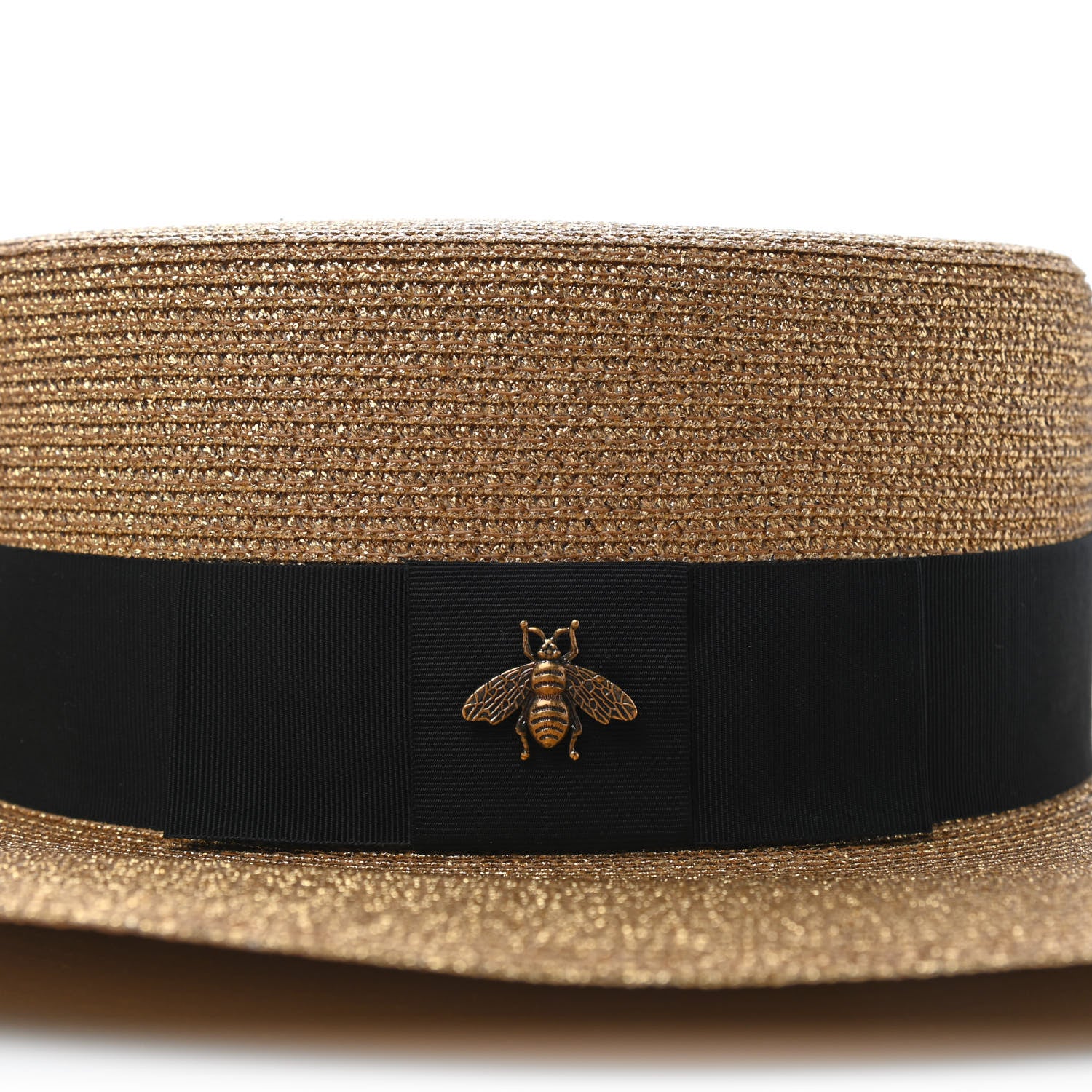 Gucci Glittered Straw Grosgrain Wide Brim Hat M Gold Black 3 of 4