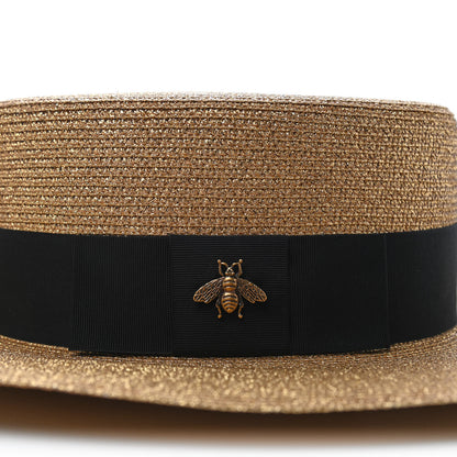 Gucci Glittered Straw Grosgrain Wide Brim Hat M Gold Black 3 of 4