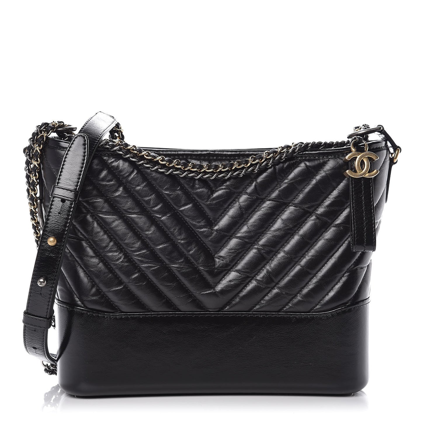 Aged Calfskin Chevron Quilted Medium Gabrielle Hobo Black