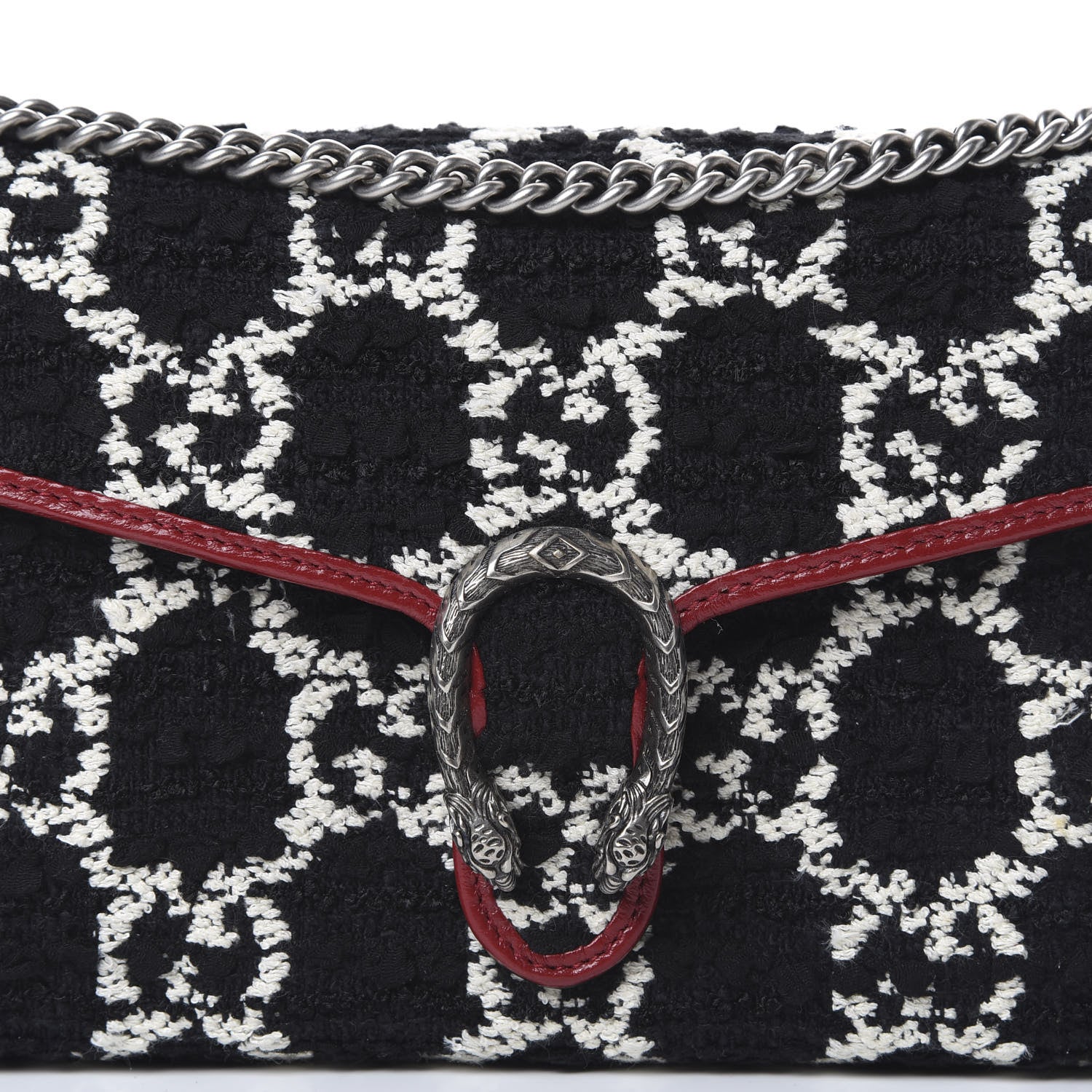 Gucci Tweed GG Monogram Mini Dionysus Chain Wallet Black White Romantic Cherry 7 of 9