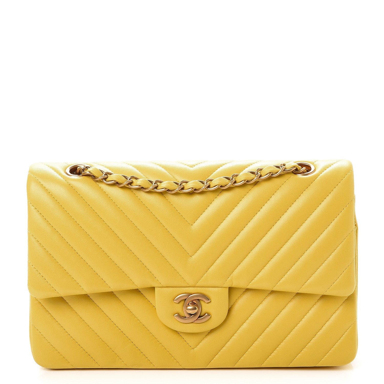 Chanel Lambskin Chevron Quilted Medium Double Flap Yellow 1 of 9
