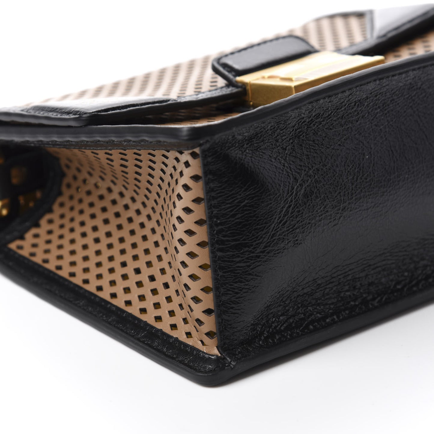 Vitello Liberty Glossy Lambskin Perforated Small Kan U Shoulder Bag Sand Mimosa Black