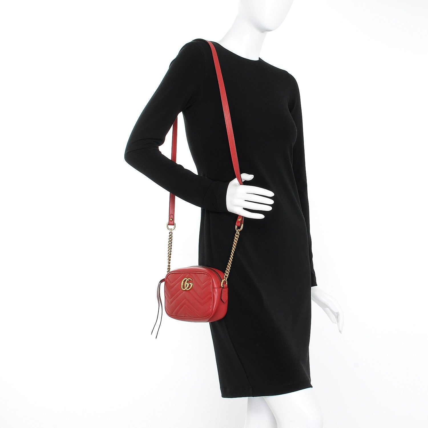 Gucci Calfskin Matelasse Mini GG Marmont Chain Shoulder Bag Hibiscus Red 2 of 9