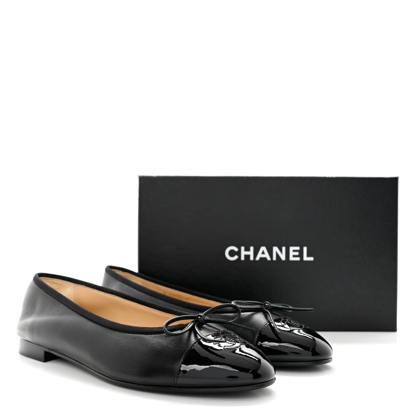 Lambskin Patent Cap Toe Ballerina Flats 41 Black