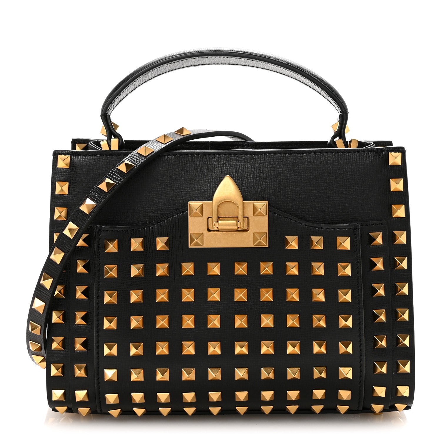 Valentino Garavani Grainy Calfskin Small Rockstud Allover Alcove Top Handle Tote Bag Black 1 of 8