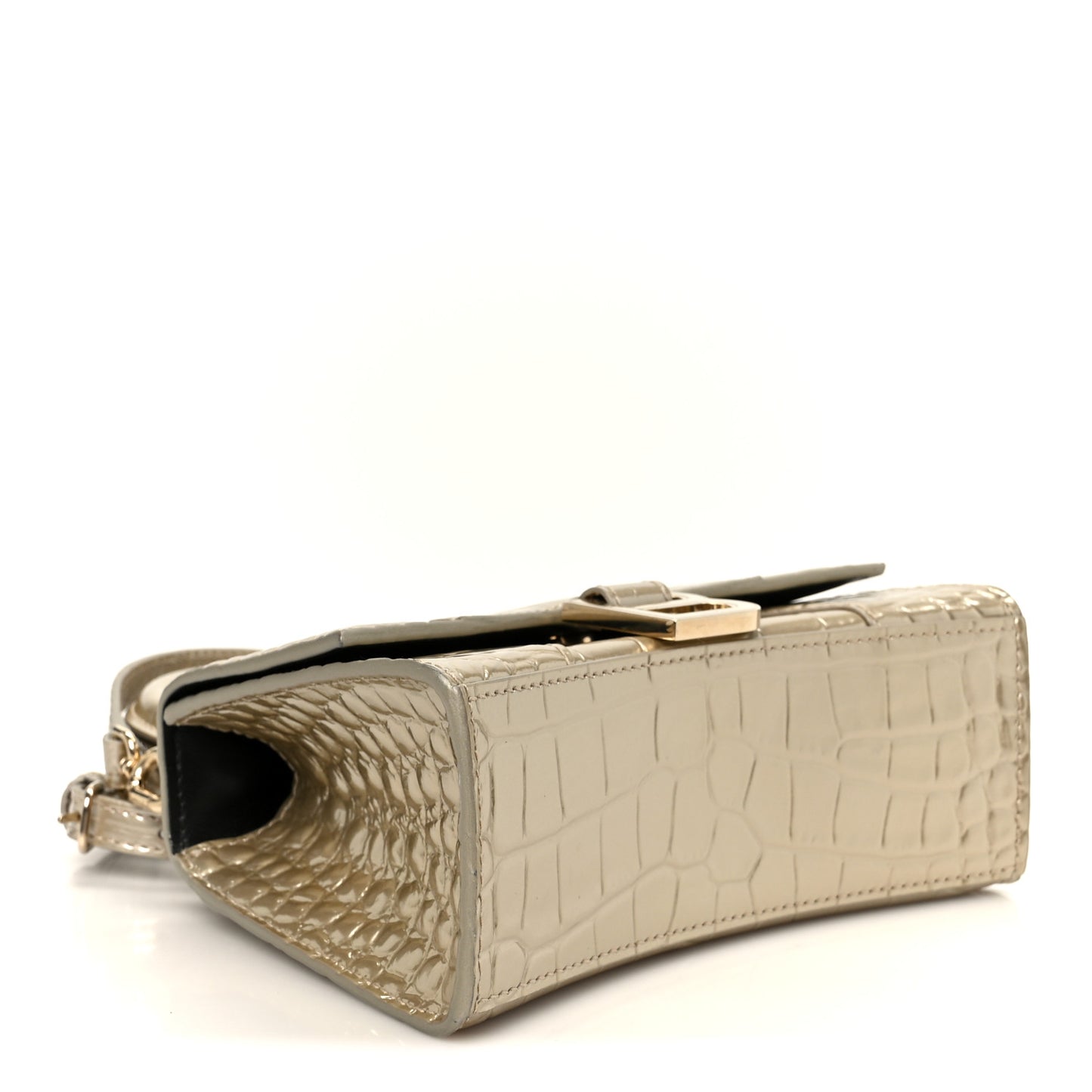 Metallic Calfskin Crocodile Embossed Hourglass Top Handle Bag XS Light Gold