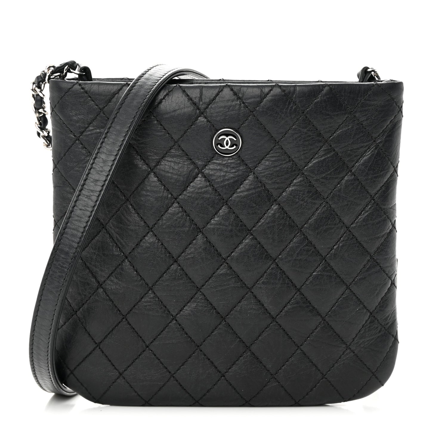 Aged Calfskin Quilted Crossbody Bag Black