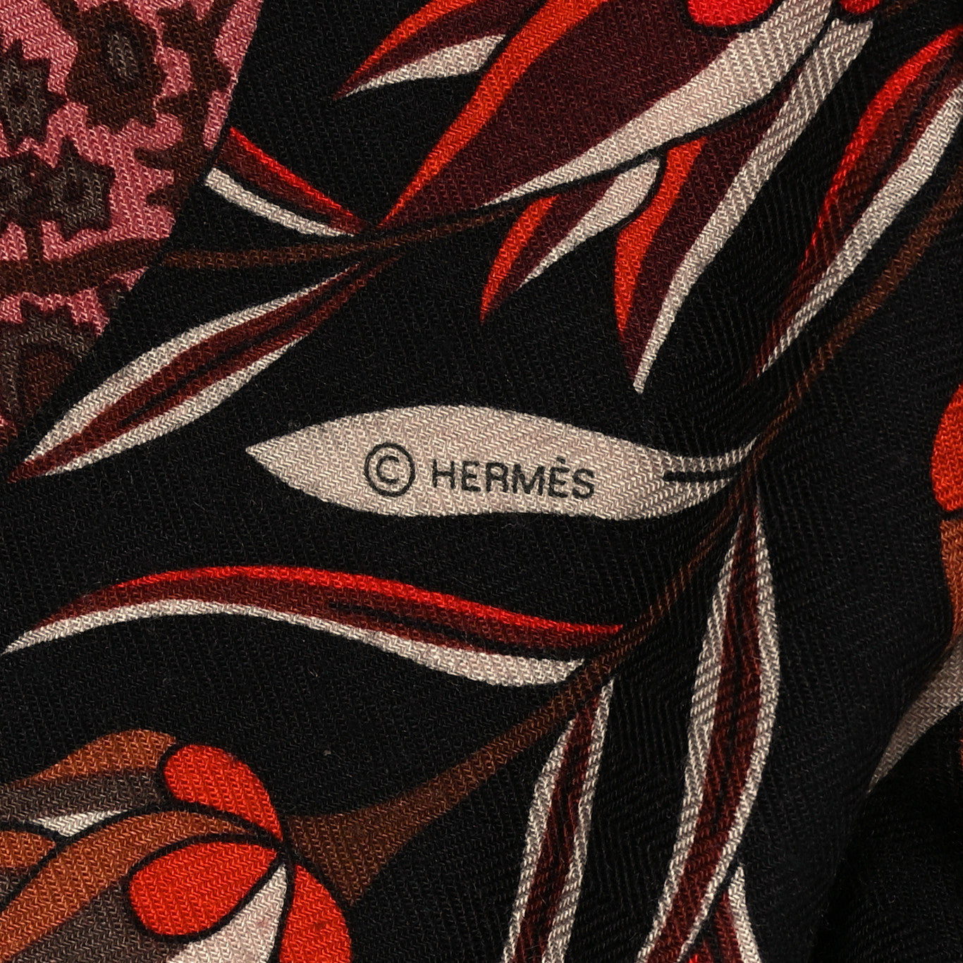 Hermes Cashmere Silk Fleurs et Papillons de Tissus Scarf 140 Black Rouge Brun 5 of 5