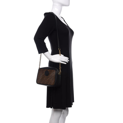 Fendi Glazed Fabric Vitello Century FF 1974 Stamp Patch Camera Case Mogano Panna Black 2 of 11