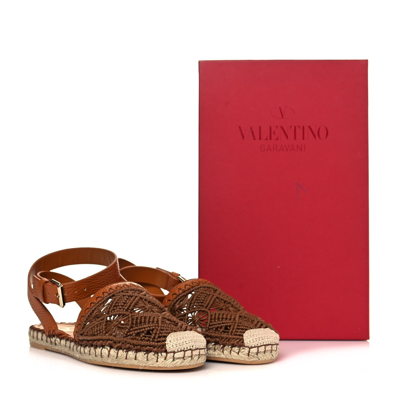 Valentino Garavani Calfskin Macrame Marrakech Ankle Strap Espadrilles 37 Brown 11 of 11