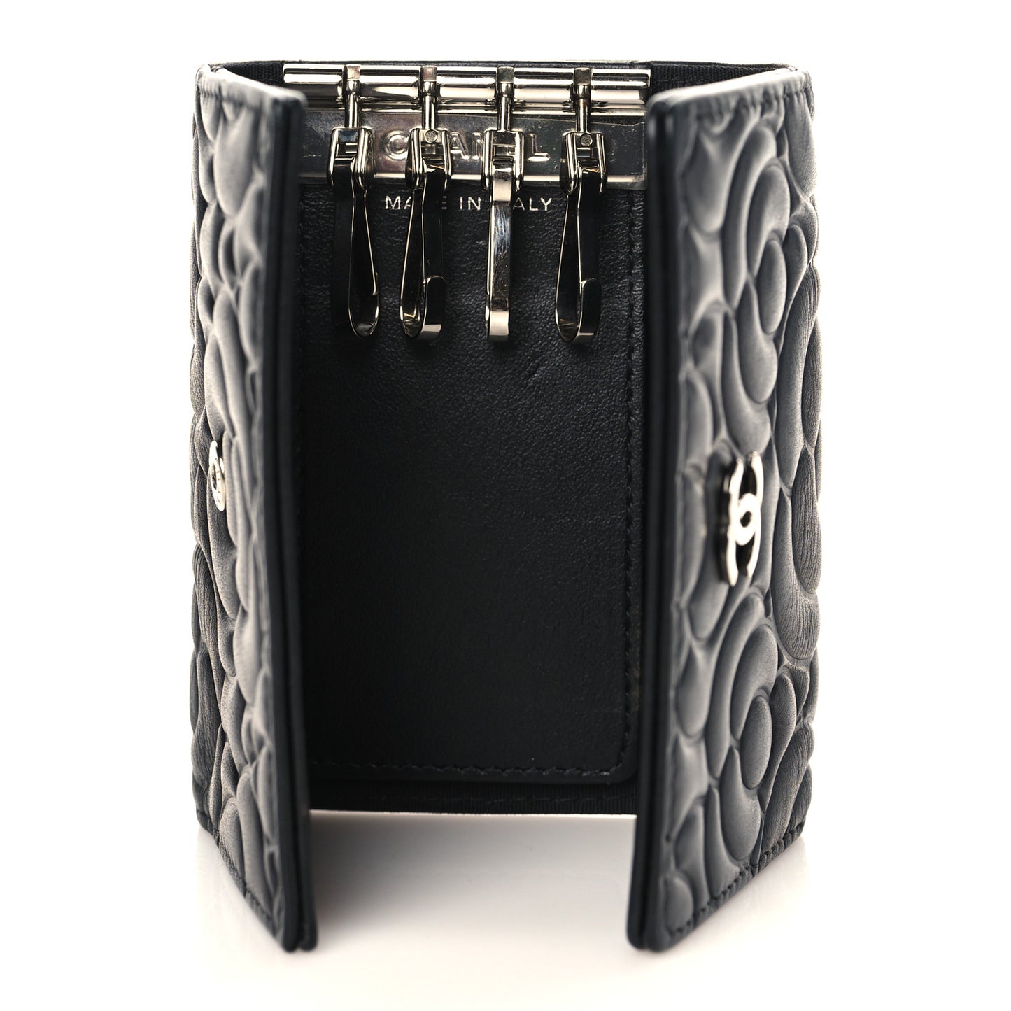 Lambskin Camellia Embossed 4 Key Holder Black