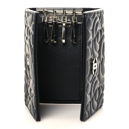 Chanel Lambskin Camellia Embossed 4 Key Holder Black 5 of 7