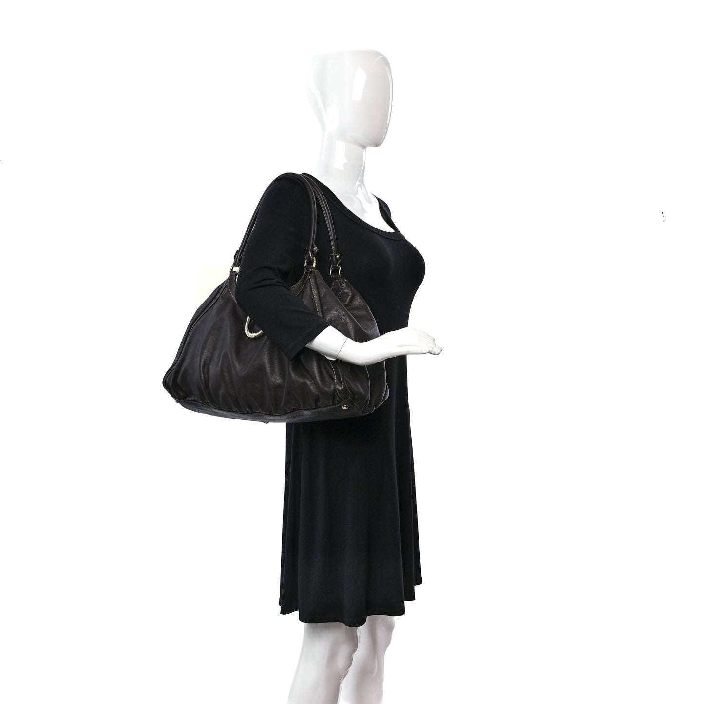 Calfskin Large D Gold Ring Shoulder Bag Chocolate