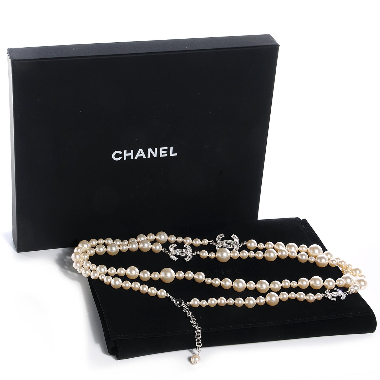 Crystal Pearl CC Long Necklace Silver