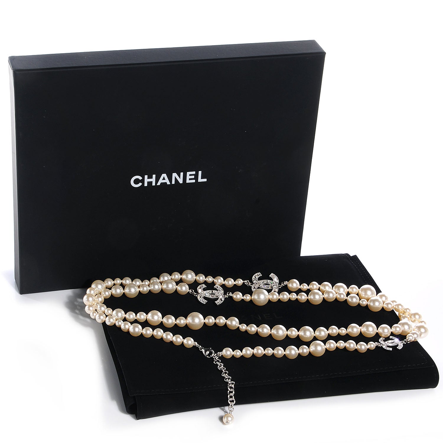 Chanel Crystal Pearl CC Long Necklace Silver 5 of 5