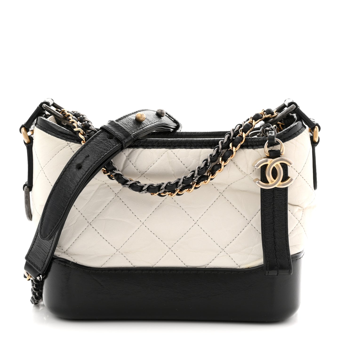 Aged Calfskin Quilted Small Gabrielle Hobo Black White