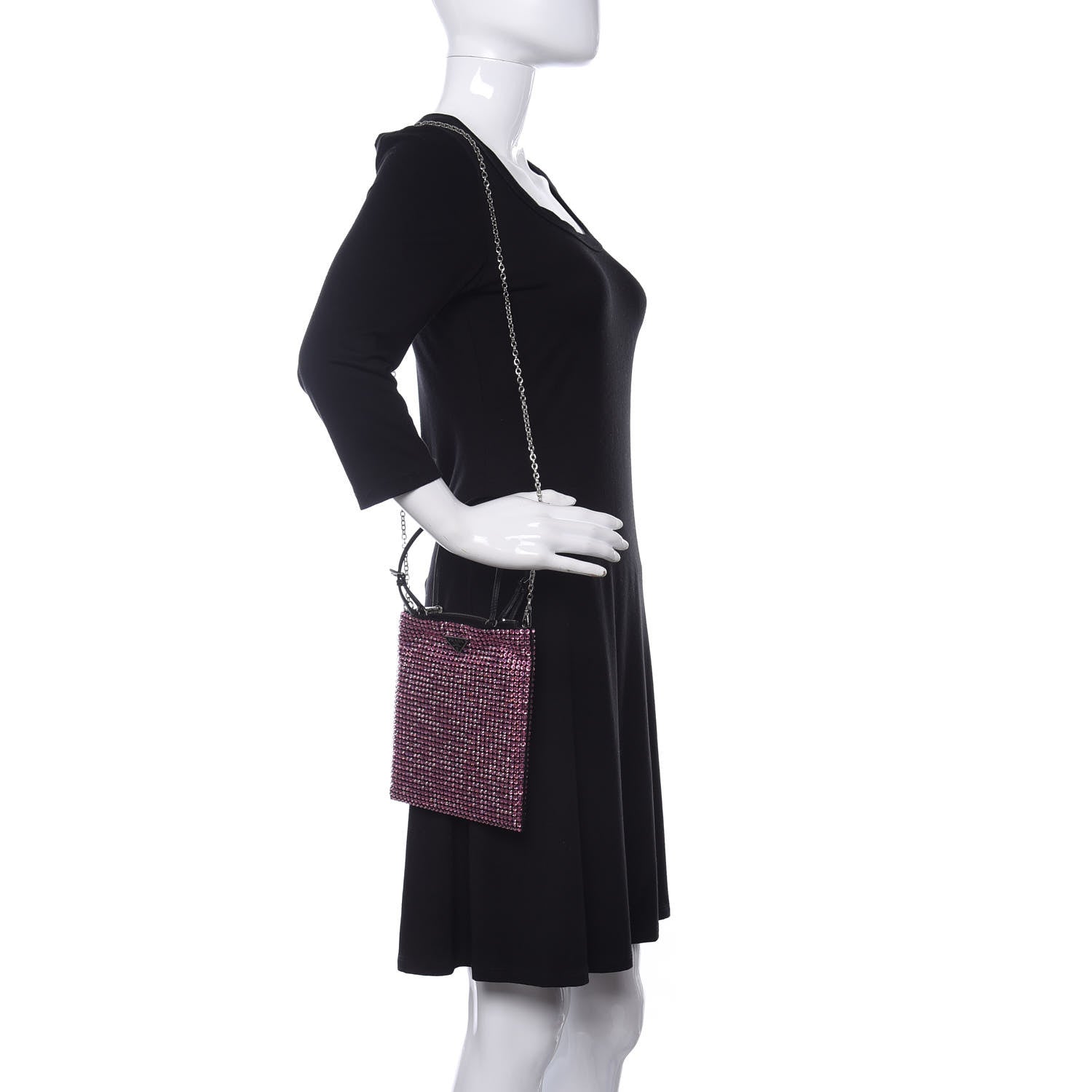 Prada Satin Crystal Metal Triangle Logo Chain Crossbody Handbag Rosa 2 of 9