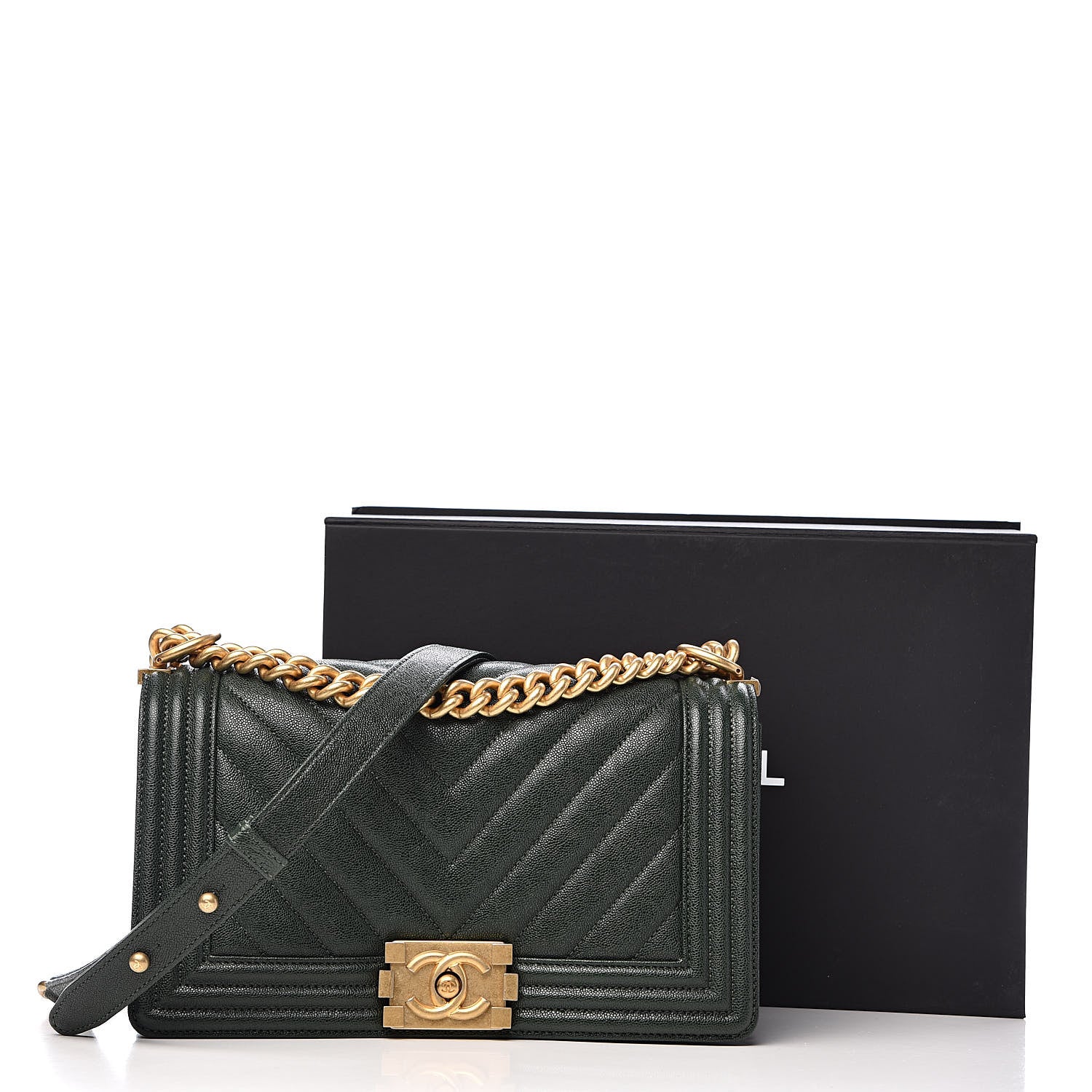 Chanel Caviar Chevron Quilted Medium Boy Flap Dark Green 11 of 11