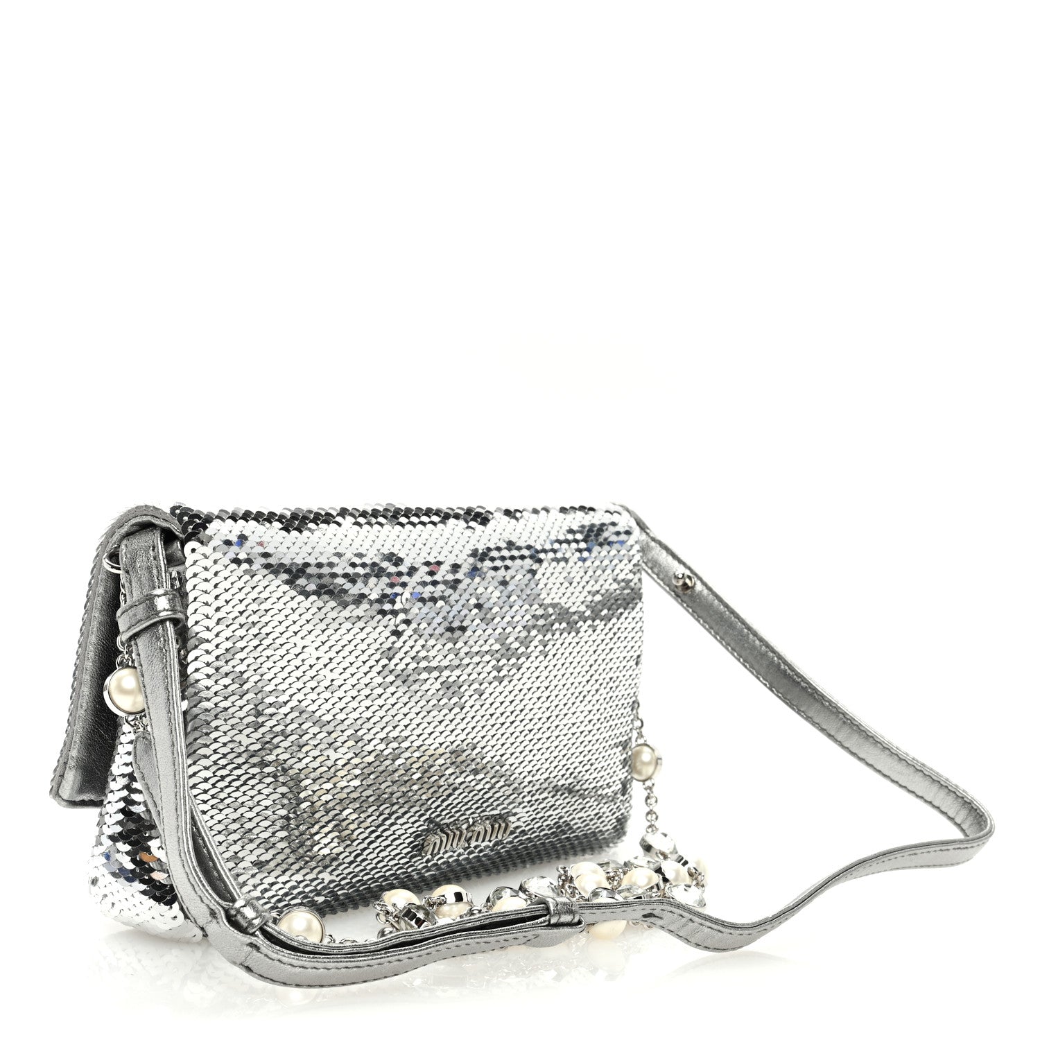 Miu Miu Paillettes Crystal Sequin Flap Argento 3 of 9
