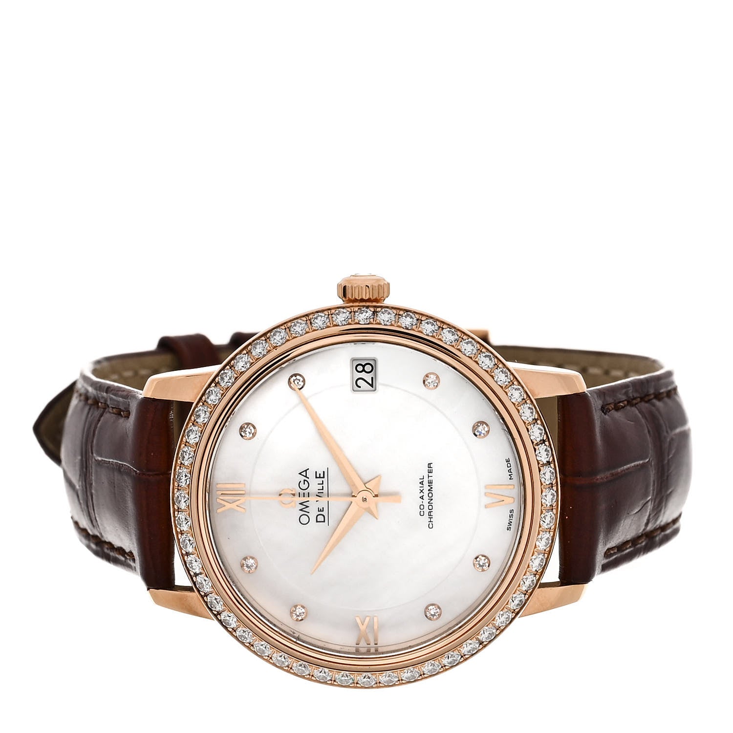 Omega 18K Rose Gold Alligator Diamond Mother of Pearl 32mm De Ville Prestige Co-Axial Automatic Watch 424.58.33.20.55.002 2 of 4