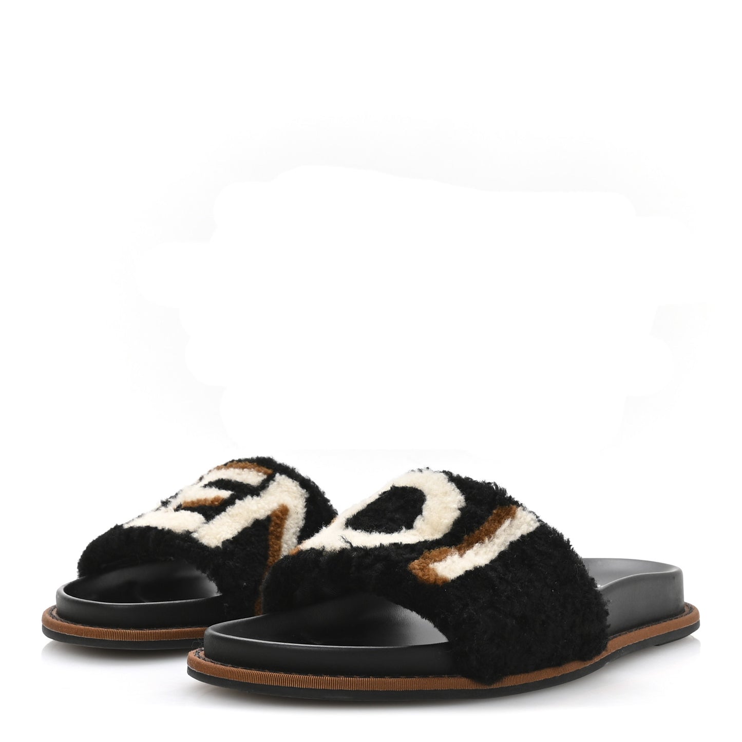 Shearling Logo Slide Sandals 38 Black Latte Brownie