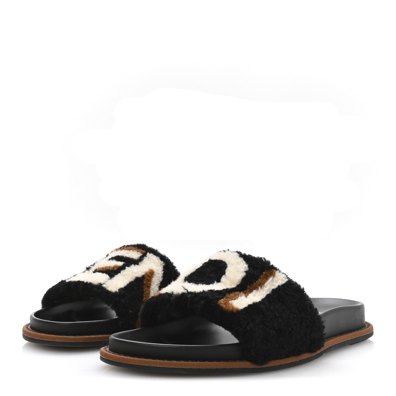 Fendi Shearling Logo Slide Sandals 38 Black Latte Brownie 4 of 8