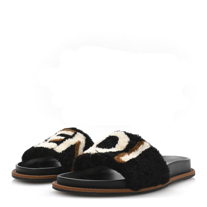 Fendi Shearling Logo Slide Sandals 38 Black Latte Brownie 4 of 8
