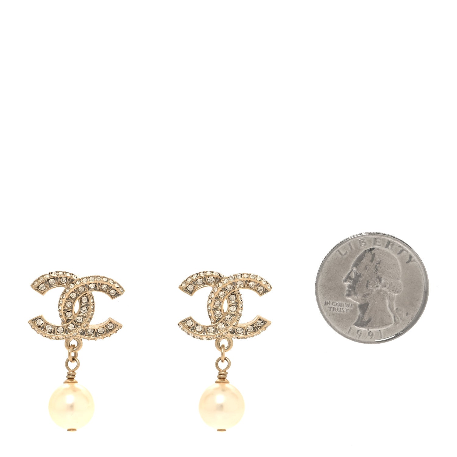 Chanel Crystal Timeless CC Pearl Drop Earrings Light Gold 2 of 4