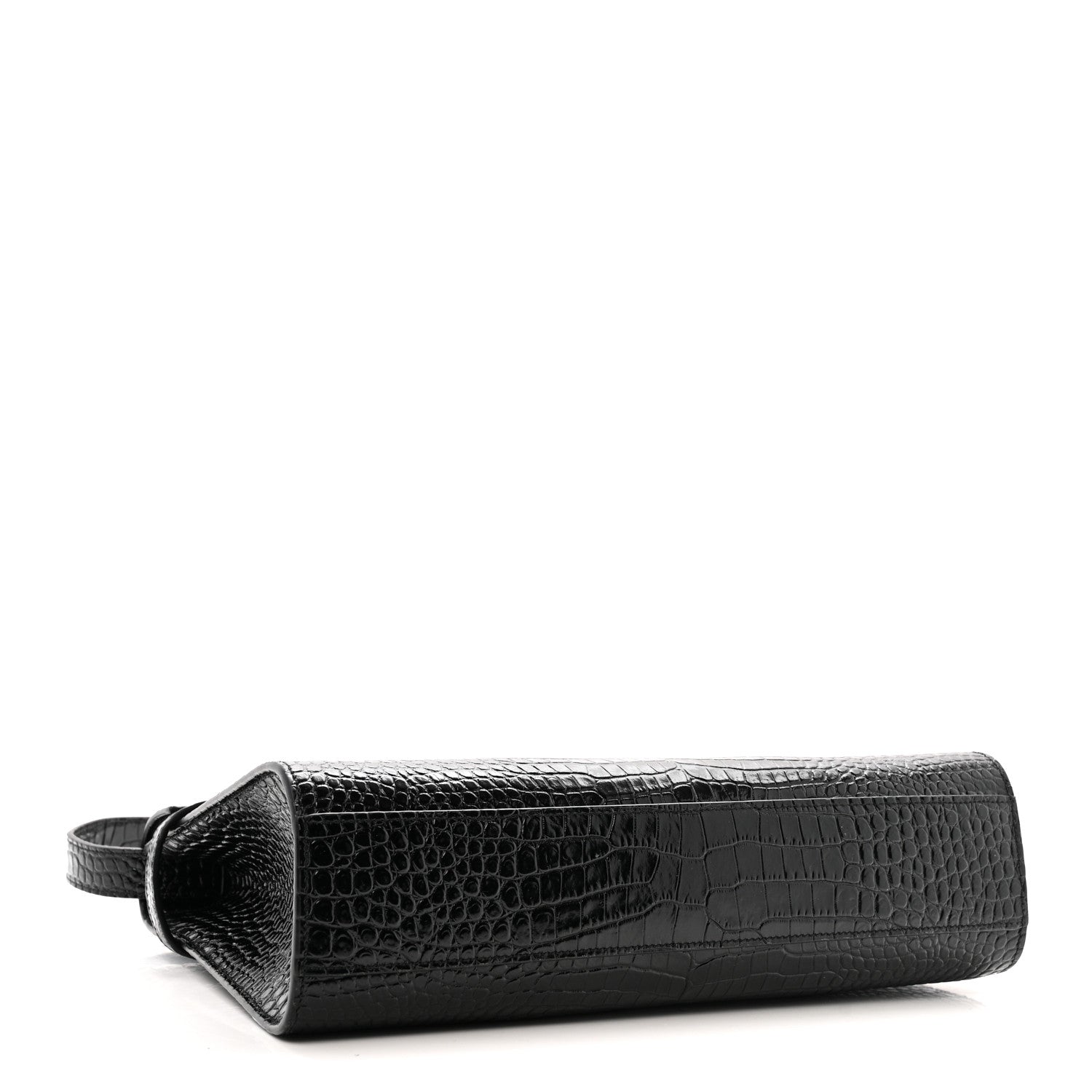 Saint Laurent Shiny Calfskin Crocodile Embossed Manhattan Baguette Black 4 of 11