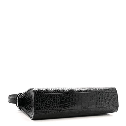 Saint Laurent Shiny Calfskin Crocodile Embossed Manhattan Baguette Black 4 of 11