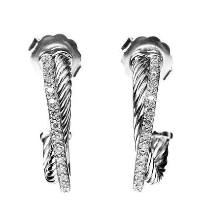 David Yurman Sterling Silver Diamond Medium Crossover Hoop Earrings 1 of 4
