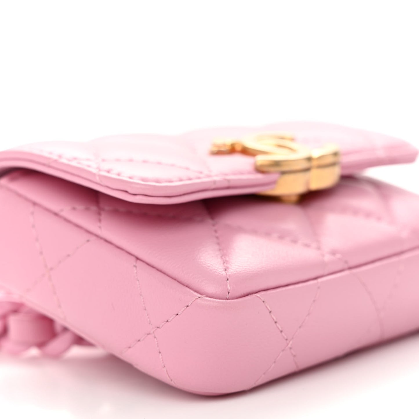Lambskin Lacquered Metal Quilted Flap Chain Belt Bag Pink