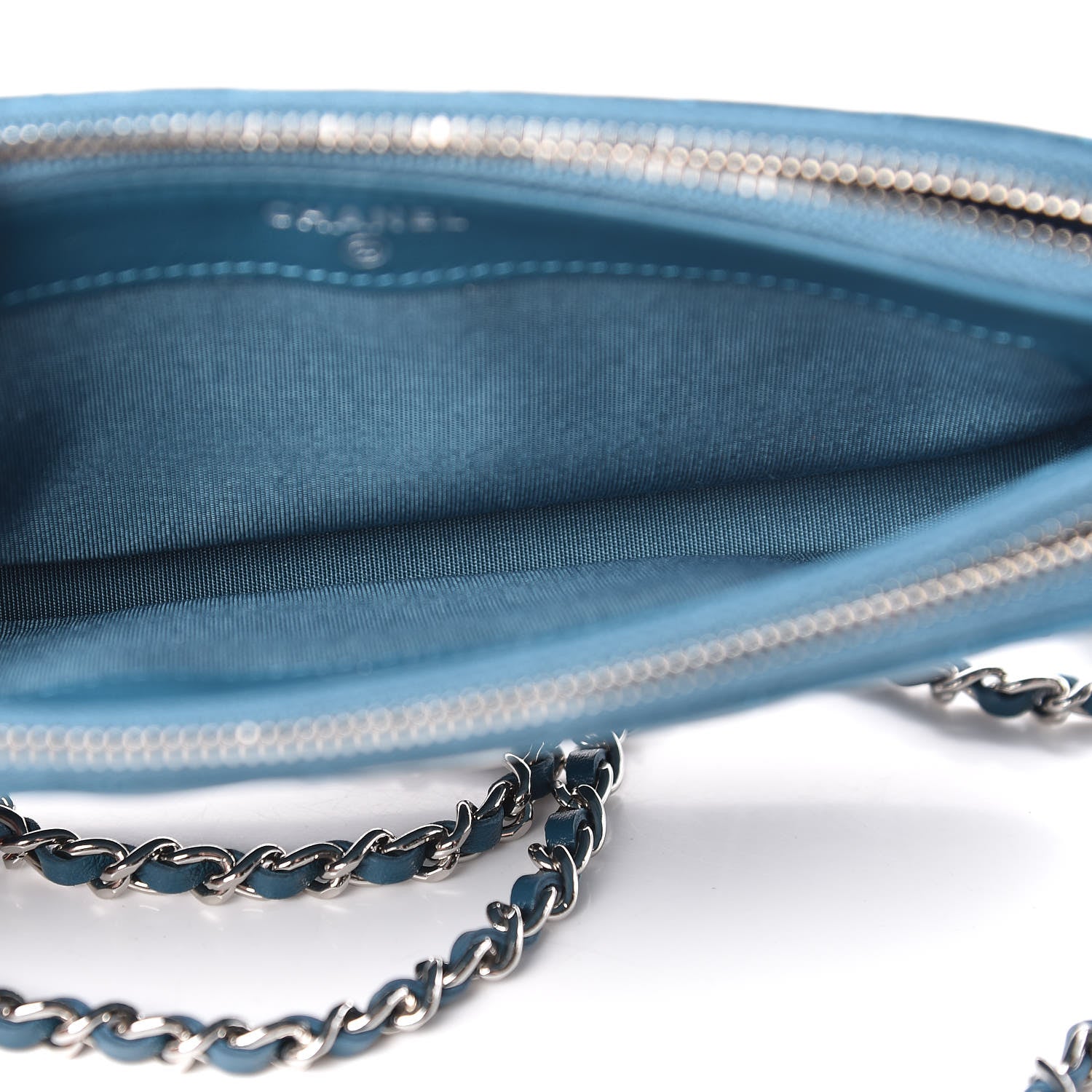 Chanel Lambskin Chevron Quilted Studded Small Clutch With Chain Blue 6 of 14
