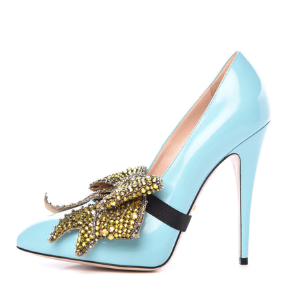 Gucci Regent Calfskin Crystal Removable Bow Elaisa Platform High Heel Pumps 40 New Aquamarine 1 of 10