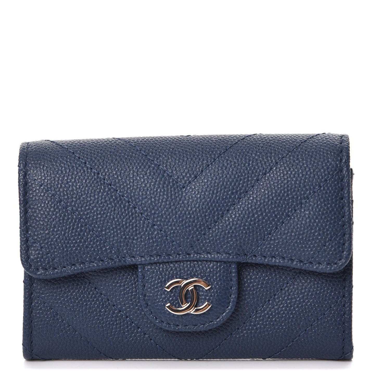 Caviar Chevron Quilted Card Holder Wallet Dark Blue