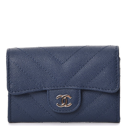Chanel Caviar Chevron Quilted Card Holder Wallet Dark Blue 1 of 9