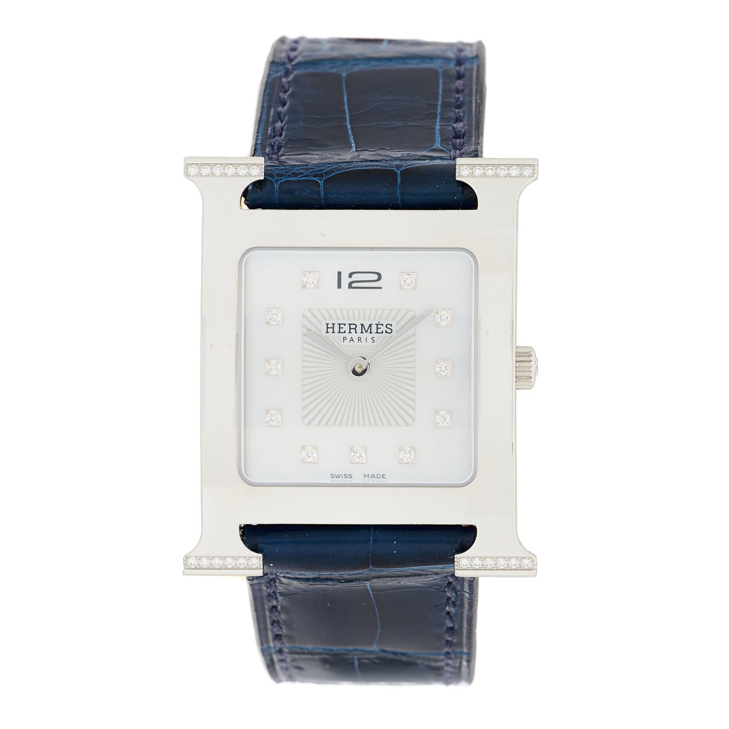 Stainless Steel Alligator Diamond Mother of Pearl 26mm Heure H Hour Quartz Watch Bleu Saphir