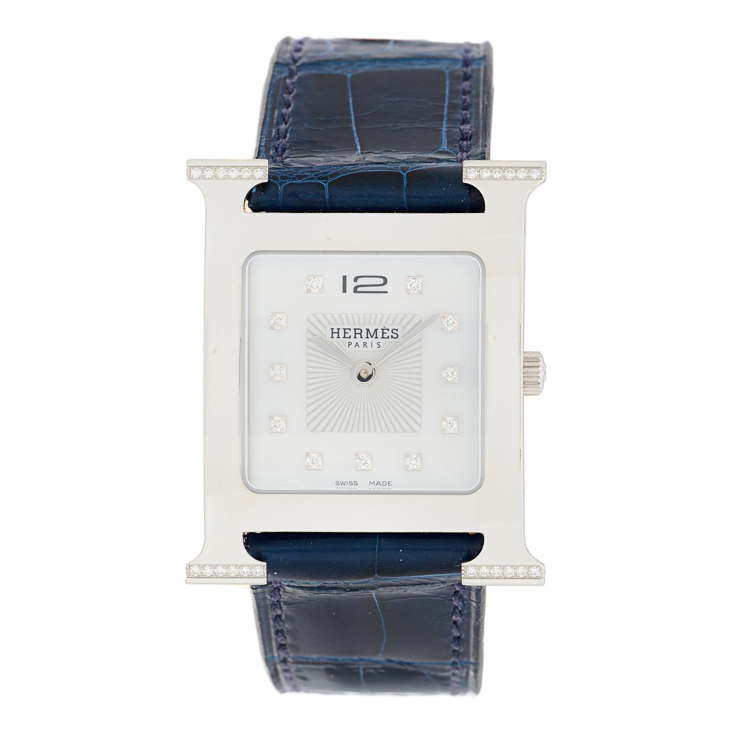 Hermes Stainless Steel Alligator Diamond Mother of Pearl 26mm Heure H Hour Quartz Watch Bleu Saphir 1 of 7