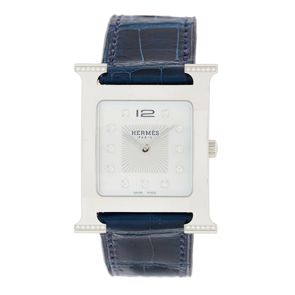 Hermes Stainless Steel Alligator Diamond Mother of Pearl 26mm Heure H Hour Quartz Watch Bleu Saphir 1 of 7