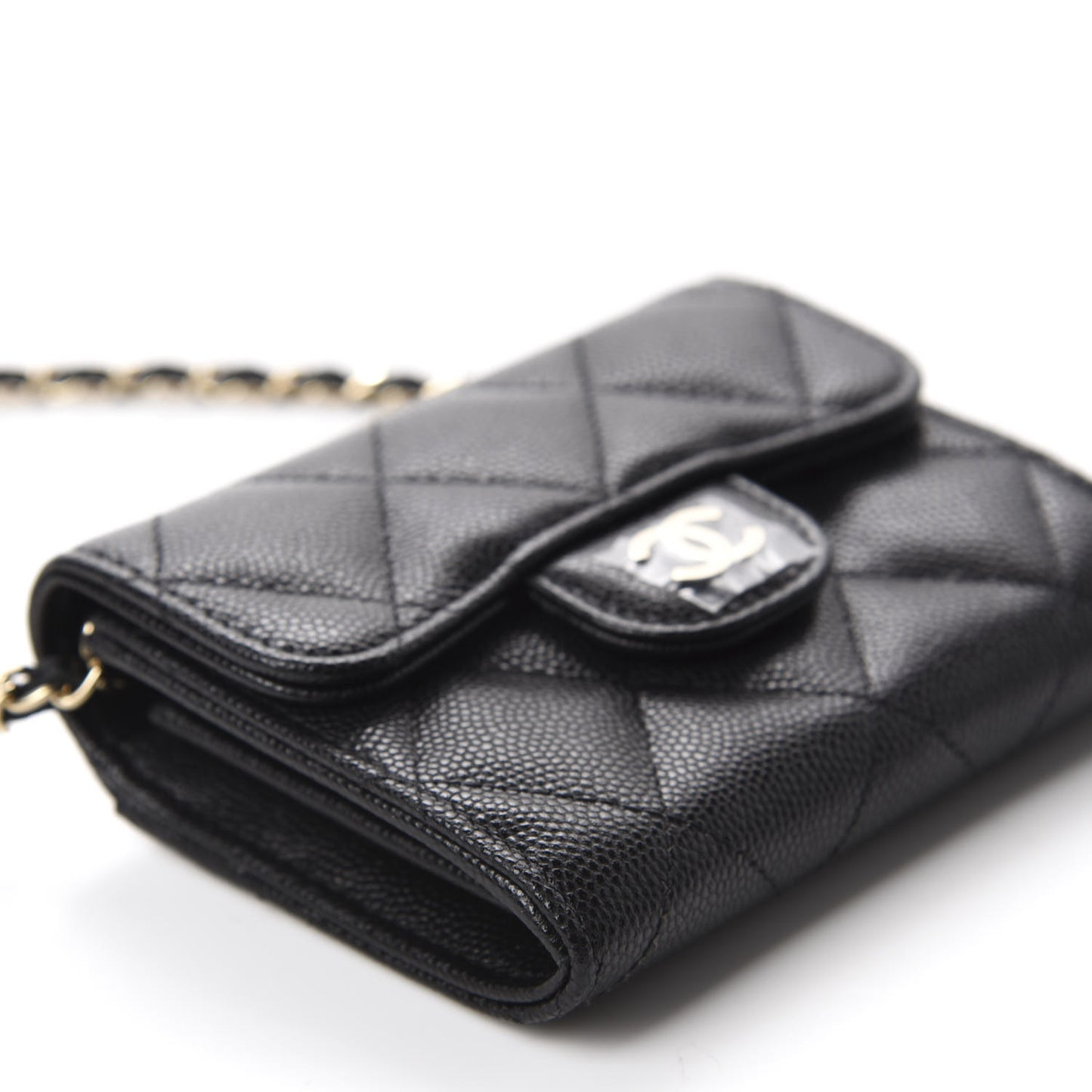 Caviar Quilted Flap Card Holder On Chain Black