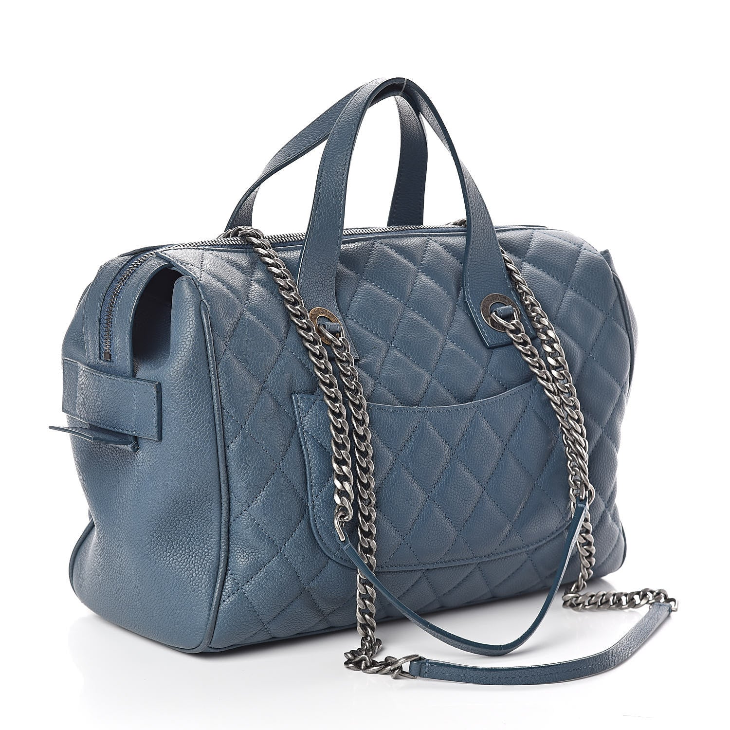 Chanel Grained Calfskin Quilted Large Casual Pocket Bowling Bag Blue 3 of 11