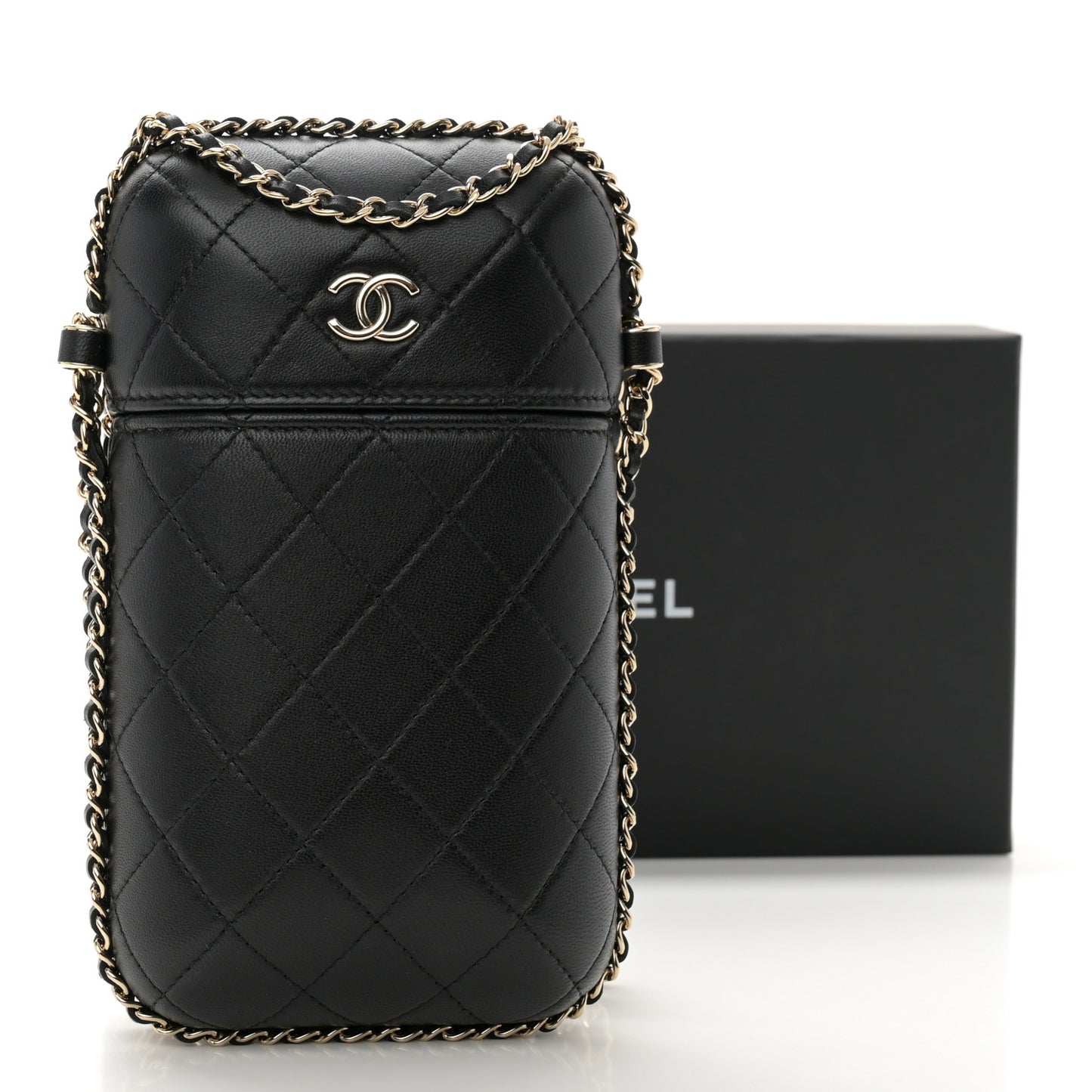 Lambskin Quilted Chain Around Phone Holder Black