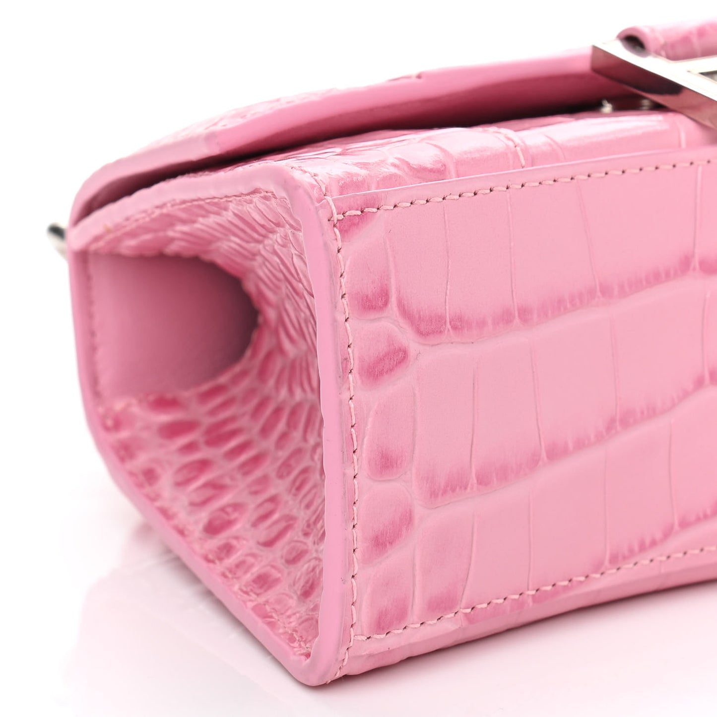 Shiny Calfskin Crocodile Embossed Hourglass Top Handle Bag XS Pink